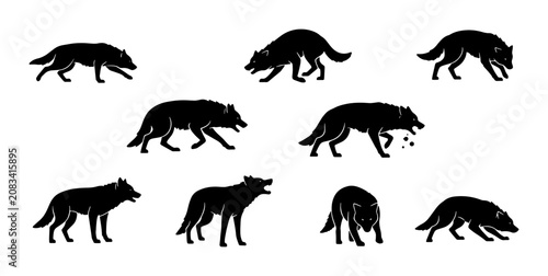 Konstfotografi Black Wolf Silhouettes Collection, Canine Animal Poses, Wild Predator Vector Gra