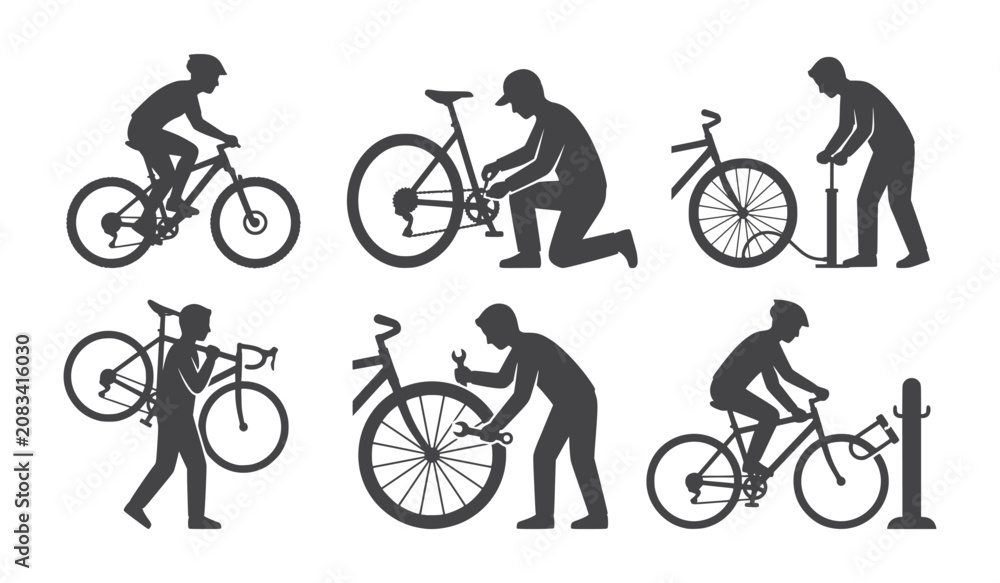 Fototapeta premium Cyclists Riding and Bicycle Mechanics Silhouettes Vector Line Art Set