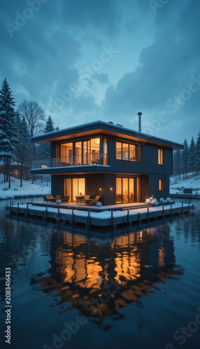 Modern house stands frozen lake, surrounded by snow covered trees. structure features large windows that glow warmly against evening sky, reflecting beautifully water surface. serene atmosphere