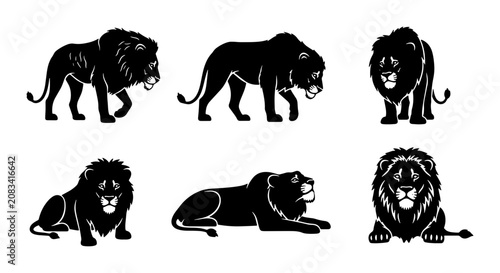Photography Majestic Lion Silhouettes, Powerful Big Cat Vector Icons, Regal Wildlife Collect