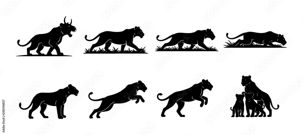 Obraz premium Black Silhouette Big Cats Vector Collection: Lions, Panthers, and Cubs in Dynamic Poses, Ideal for Wildlife Graphics and Branding