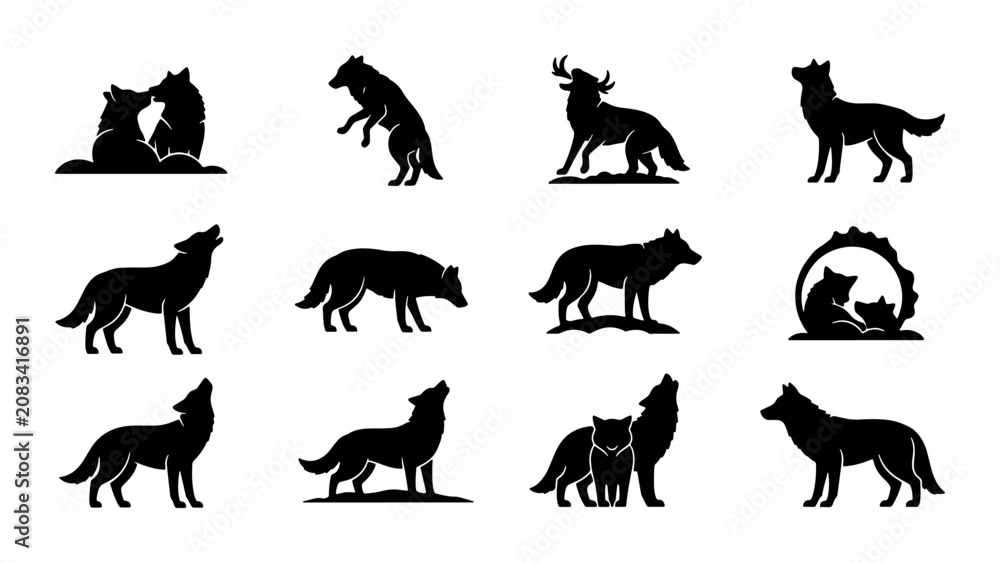 Obraz premium Wolf Silhouette Collection, Wild Animal Vector Icons, Nature Wildlife Graphics, Canine Spirit Art, Forest Predator Set