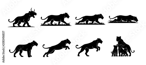 Photography Black Silhouette Big Cats Vector Collection: Lions, Panthers, and Cubs in Dynami