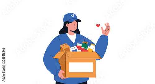 Young female volunteer wearing a blue cap and sweatshirt holding a cardboard box filled with food donations.