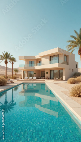 Modern villa with swimming pool surrounded by palm trees, located in desert landscape. architecture features large glass windows and minimalist design, creating serene atmosphere