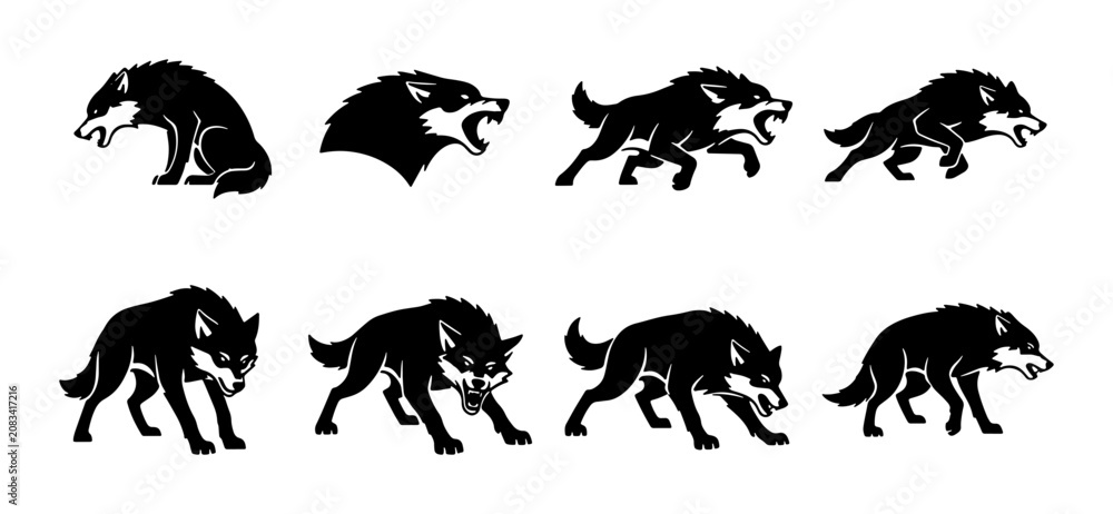 Obraz premium Aggressive Wolf Poses, Fierce Canine Silhouettes, Wild Animal Vector Pack, Dynamic Predator Illustrations, Black and White