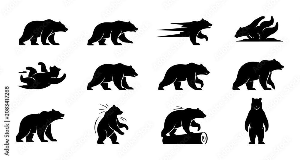 Obraz premium Bear Silhouettes Collection: Diverse Actions and Poses, Vector Icons for Wildlife and Nature Themes, Graphic Elements