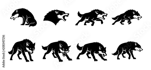 Cuadro en lienzo Aggressive Wolf Poses, Fierce Canine Silhouettes, Wild Animal Vector Pack, Dynam