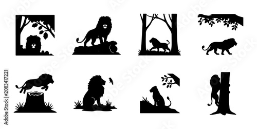 Canvas Print Silhouette Lion Collection: Majestic Big Cats in Natural Habitats, Vector Art Se
