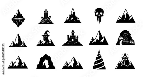 Fantasy Mountain Icons, Mystical Landscape Symbols, Enchanted Peaks & Castle Silhouettes, 15 Vector Elements for Magical Designs