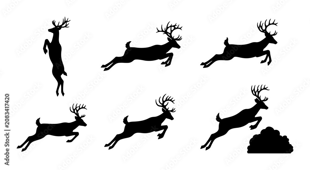 Fototapeta premium Deer Silhouette Collection: Majestic Antlered Stag Poses, Wildlife Vector Graphics, Forest Animal Motion Sequence, Hunting and Nature Icons