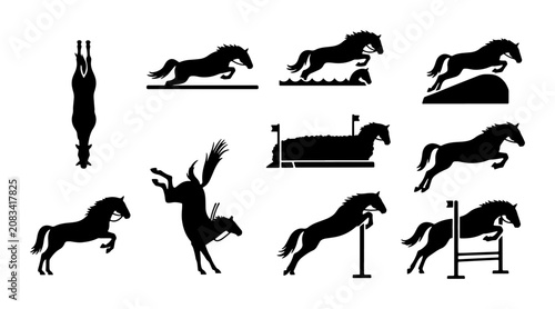 Foto Equestrian Horse Jumping Silhouettes, Horse Riding Action Poses, Horse Sports Ve
