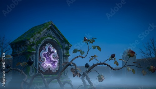 Surreal glowing purple geode inside a moss-covered stone crypt with thorny rose bushes in a misty graveyard.