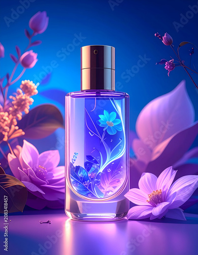 Bioluminescent Botanical Perfume: Serene botanical scene featuring futuristic glass perfume bottle glowing with violet flower inside amidst magical dark background