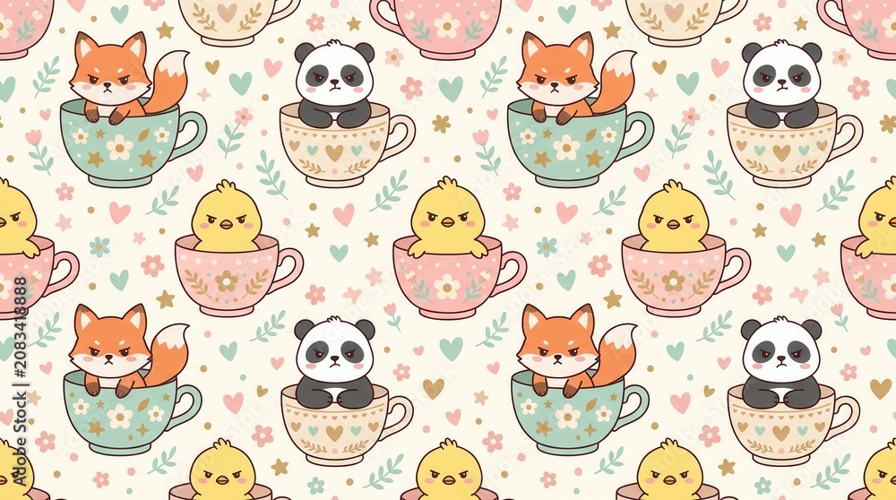 Fototapeta premium Grumpy cartoon foxes, pandas, chicks in pastel teacups on soft background