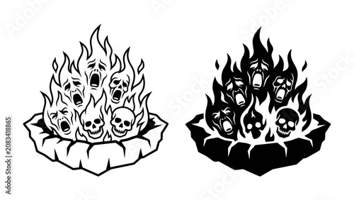Fotografie The Agony of the Flames: A haunting depiction of souls in torment, engulfed by fire and accompanied by skulls, representing the depths of despair and suffering