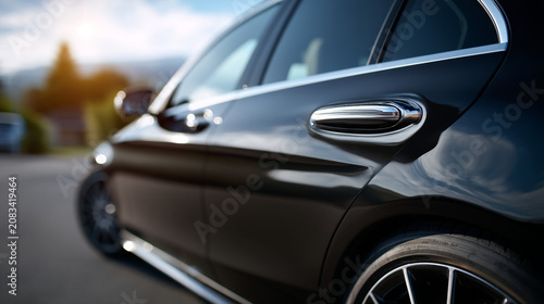 Side angle of a black sedan car door and wheel with automotive transportation exterior