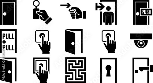 Set of door and access control icons with push and pull symbols door, icon, push, pull