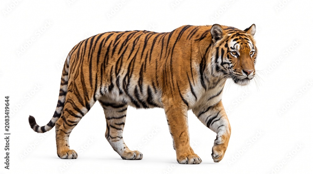 Obraz premium Tiger Walking Sideways on White Background with Natural Lighting and Realistic Fur Detail