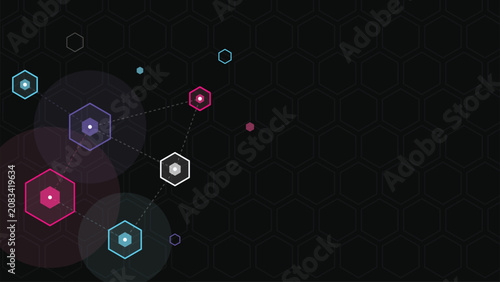 Abstract network nodes and interconnected hexagons futuristic digital neon illustration social media banner or website background for World Wide Web Day