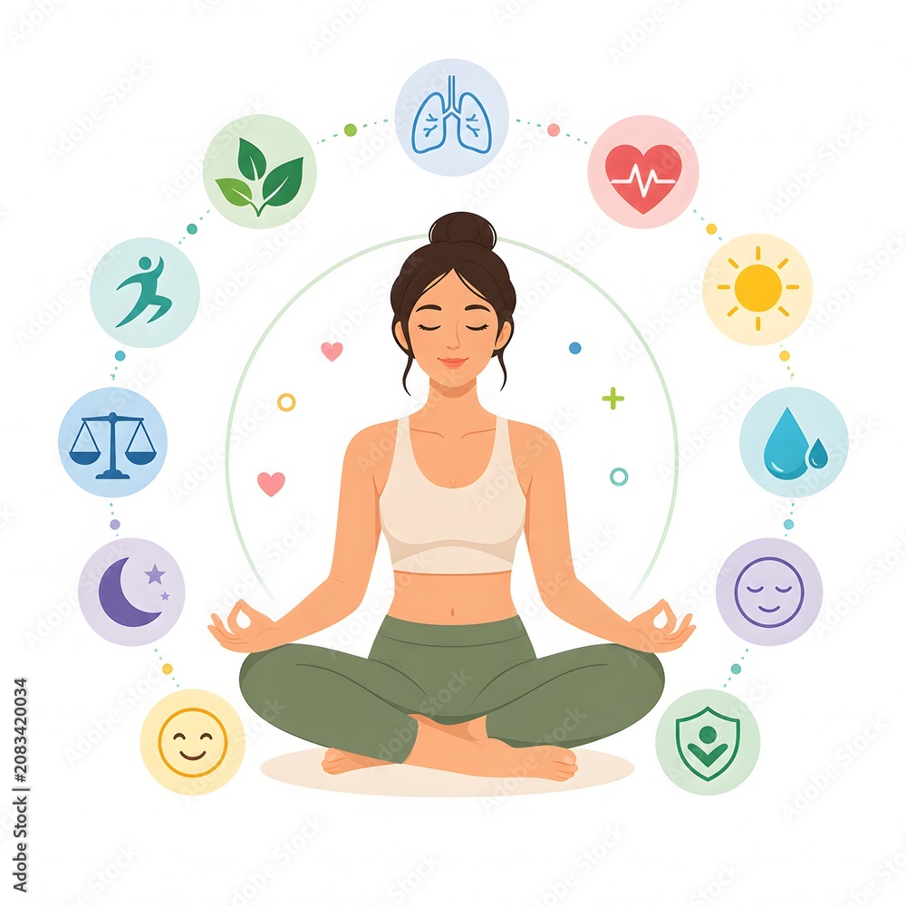 Obraz premium Flat illustration of a woman meditating surrounded by wellness icons. Ideal for healthcare graphic projects mental health posters wellness blogs and yoga promotional media.