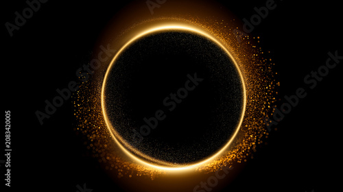 A perfectly circular ring of bright golden light, composed of countless tiny particles, casts a subtle glow on the black void.