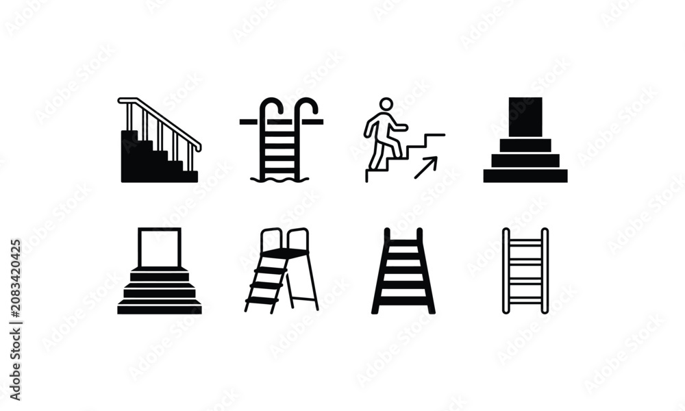Obraz premium Set of black silhouette stairs and ladders isolated on transparent.
