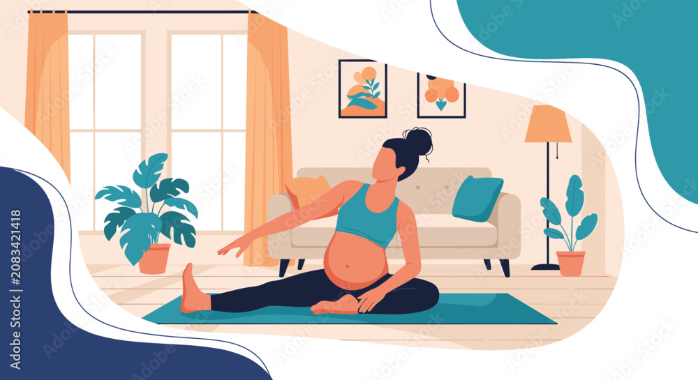 Fototapeta premium Pregnant woman practicing yoga and stretching her body on a mat in a cozy living room to maintain health and wellness.