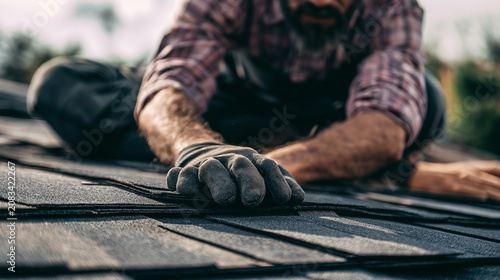 A skilled roofer, wearing protective gloves, meticulously works on installing new dark shingles, demonstrating focused craftsmanship and dedication to home maintenance and repair under a bright sky.
