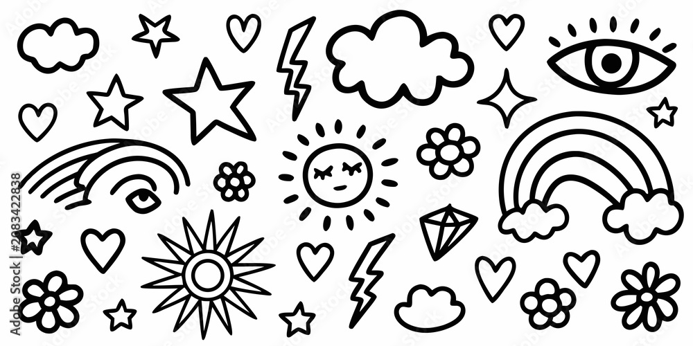 Fototapeta premium Black Line Art Doodle Icons Set On White Background