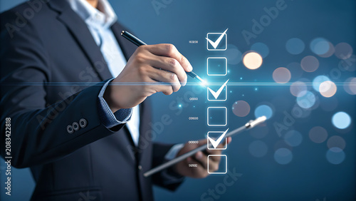 Professional Businessman Marking Checklist on Digital Interface in Dark Suit