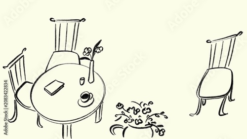 Canvas Print Minimalist line art of a table with chairs, coffee cup, book, and flowers in a vase, evoking a serene cafe atmosphere