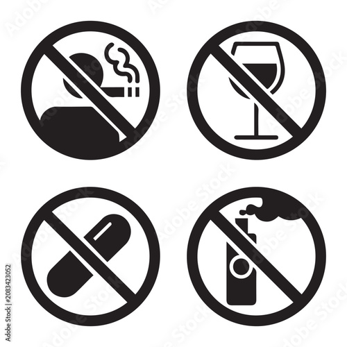 Schilderij op canvas Prohibition signs set with no smoking no alcohol no drugs and no vaping forbidde