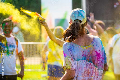 Montreal, Canada - June 28 2026: Holi celebration in downtown Montreal bursts with vibrant color, music, and joyful crowds transforming the urban space into a festive cultural gathering
