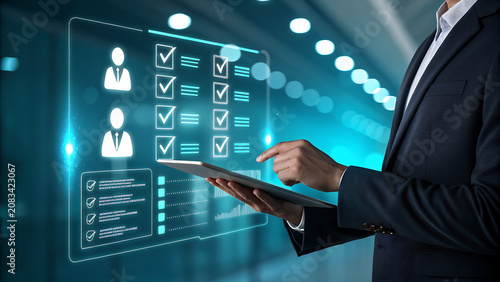 Professional Business Person Using Digital Interface for Data Management in Office