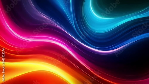 Abstract background with flowing vibrant neon light waves in red blue and yellow.