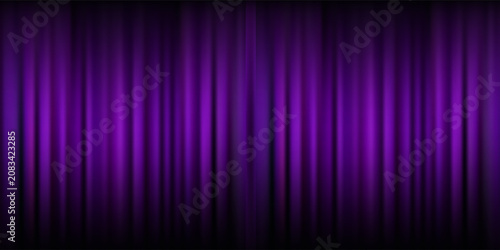 Royal purple velvet curtains background. Closed curtain backdrop for theater stage or cinema, circus. Vector textile room scene screen. Violet fabric drapery wallpaper for award, show, performance