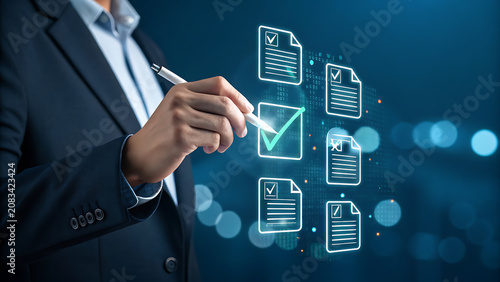 Professional Business Person Selecting Digital Checklist Options in Dark Suit