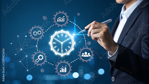 Professional business person interacting with digital time management interface in a dark suit