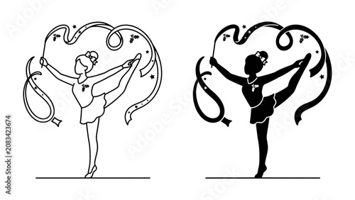 Tablou pe pânză Rhythmic Gymnastics Silhouettes: A stylized depiction of a rhythmic gymnast in a dynamic pose, gracefully manipulating a flowing ribbon, presented in both line art and silhouette form