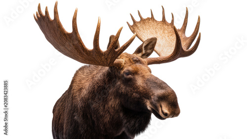 Foto Majestic bull moose with large antlers and shaggy brown fur