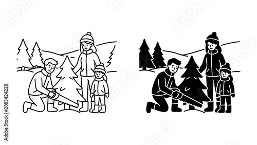 Tableau sur toile Family Christmas Tree Expedition: A joyful family, dressed in winter attire, ventures into a snowy landscape to select and cut their perfect Christmas tree, creating cherished holiday memories