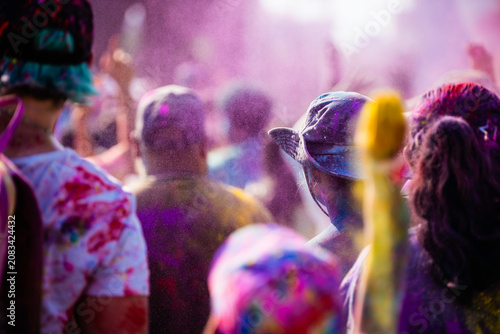 Montreal, Canada - June 28 2026: Holi celebration in downtown Montreal bursts with vibrant color, music, and joyful crowds transforming the urban space into a festive cultural gathering