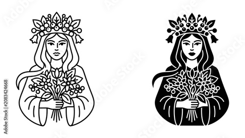Quadro su tela Folkloric Goddess: An illustrative depiction of a woman adorned with a floral crown, holding a bouquet of flowers, representing a folkloric or mythological figure