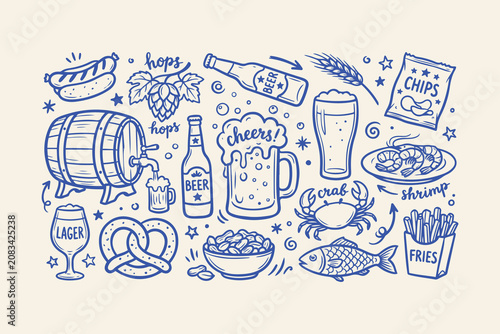 Hand drawn beer and snacks doodle set with beer mugs bottles barrel pretzels chips shrimp crab fish and french fries Vector, illustration