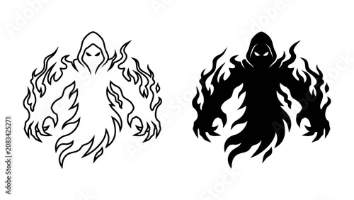Fotografie Fiery Ghost Icon: A stylized, menacing figure cloaked in a fiery aura, depicted in both a stark outline and a solid black silhouette, embodying mystery and power