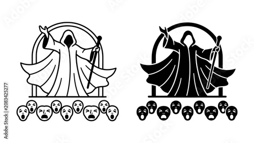 Vászonkép The Master of Sorcery: Two stylized illustrations depict a hooded figure with outstretched arms, wielding a staff and commanding a group of terrified onlookers