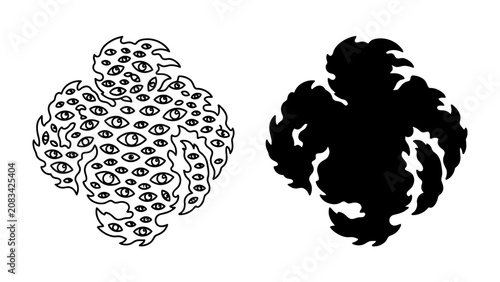 Abstract Eyes Pattern: A symbolic representation of numerous watchful eyes forming an abstract, organic shape, presented in both line art and silhouette.