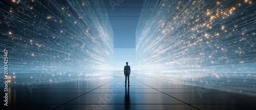 Digital Gateway: A solitary figure stands at the precipice of an illuminated digital corridor, vast streams of light extending into the distance.