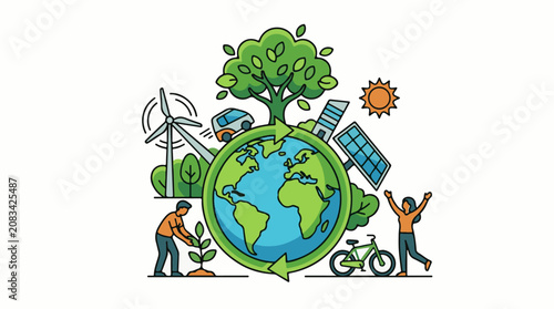 Diverse eco-friendly elements surround the planet symbolizing sustainability
